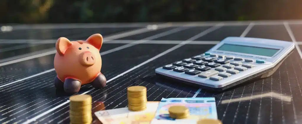 Uma placa solar como base, em cima cofrinho em forma de porquinho rosa, algumas moedas, cédulas de dinheiro e uma calculadora, porque economizar energia ajuda o meio ambiente