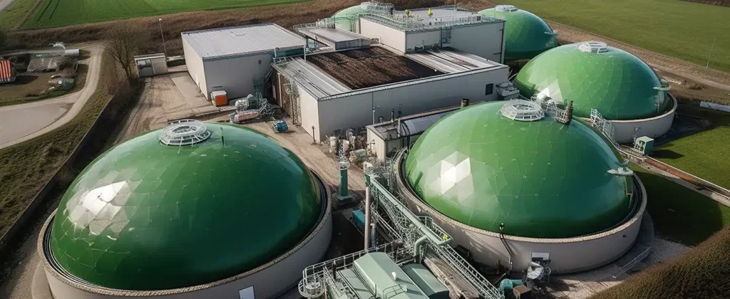 Imagem com quatro domos verdes gigantes e algumas instalações na cor branca das adjacências de uma usina para exemplificar o artigo saiba como funciona a energia Biomassa e suas vantagens