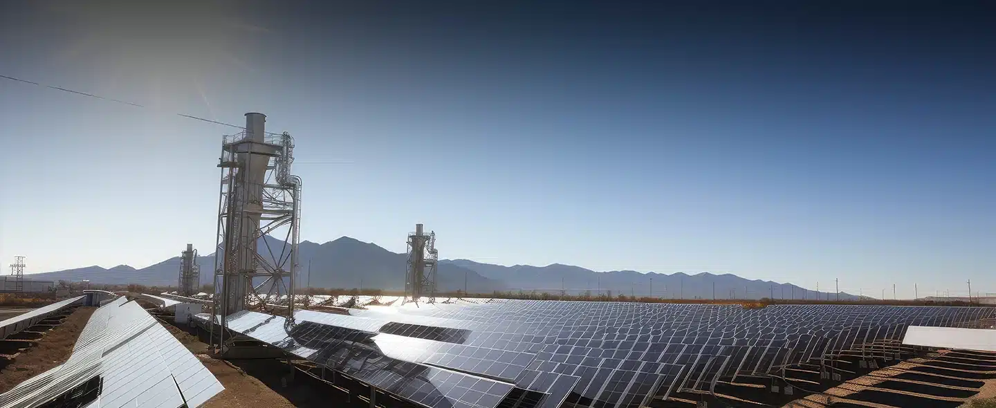 Na imagem tem painéis solares da esquerda para a direita. Próximo às placas solares, existem algumas torres e ao fundo da imagem tem algumas montanhas, céu azul e sol brilhante para exemplificar o artigo sobre Descubra como funcionam as usinas de placas solares.