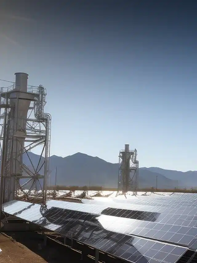 Na imagem tem painéis solares da esquerda para a direita. Próximo às placas solares, existem algumas torres e ao fundo da imagem tem algumas montanhas, céu azul e sol brilhante para exemplificar o artigo sobre Descubra como funcionam as usinas de placas solares.