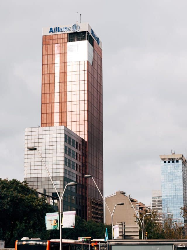 Barcelona, Spain - 15 December 2019: View of Edificio Allianz, Torre Allianz - skyscraper on Carrer de Tarragona Street 103, near Spain square. Completed in 1993, has 20 floors, rises 77 meters.