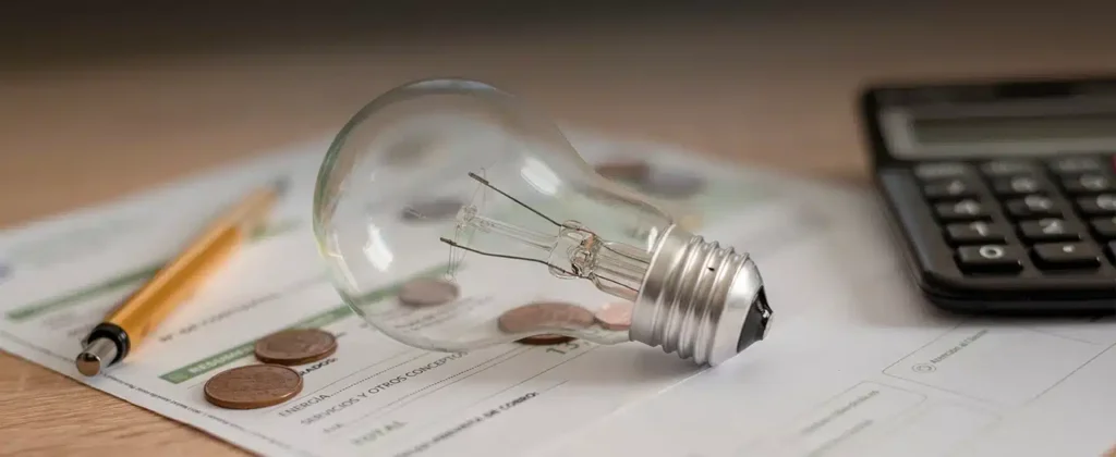 Imagem com uma lampada quebrada, algumas moedas na mesa, lápis e calculadora sobre um pedaço de papel para exemplificar artigo sobre Saiba se a conta de luz com energia solar fica mais barata