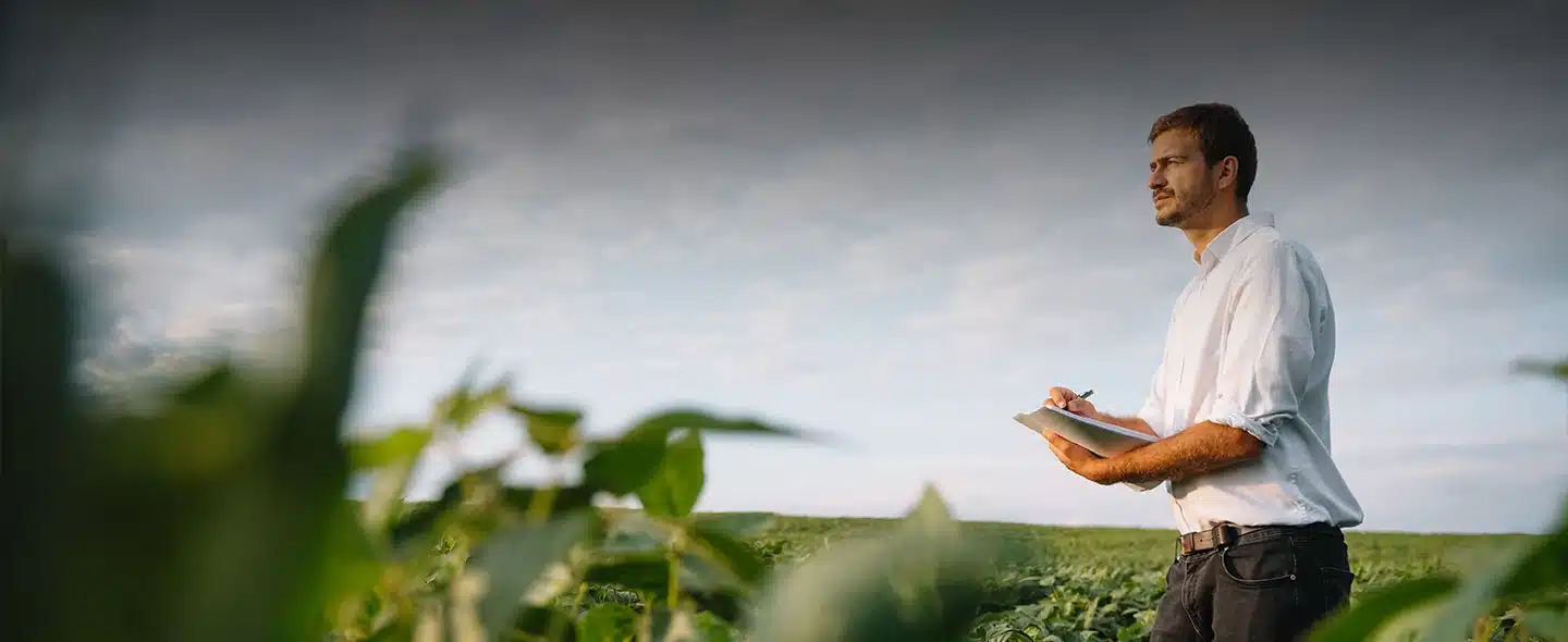 Homem jovem andando ao fundo num ambiente com várias plantas verdes, segurando algumas folhas e olhando para a esquerda para artigo sobre Benefícios da sustentabilidade nas empresas: 5 dicas