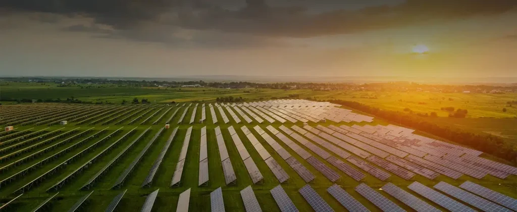 Fileiras de painéis solares em campo verde aberto para exemplificar artigo sobre o que é uma fazenda de placas solares e como ela funciona