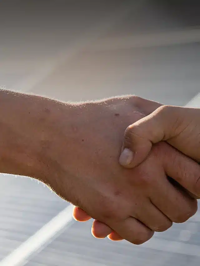 Na imagem tem duas mãos dando um aperto de mão e ao fundo um painel solar para exemplificar artigo sobre Descubra o que impacta no custo da energia solar