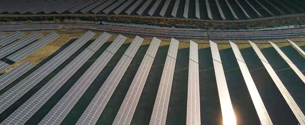 Terreno aberto completamente cheio de placas solares inclinadas para exemplificar artigo de Como funciona usinas fotovoltaicas e quais seus impactos