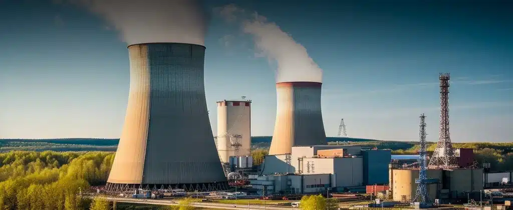 Na imagem duas chaminés, um reservatório e três torres de transmissão e atrás um céu azul para exemplificar artigo sobre Energia nuclear é sustentável? Saiba aqui