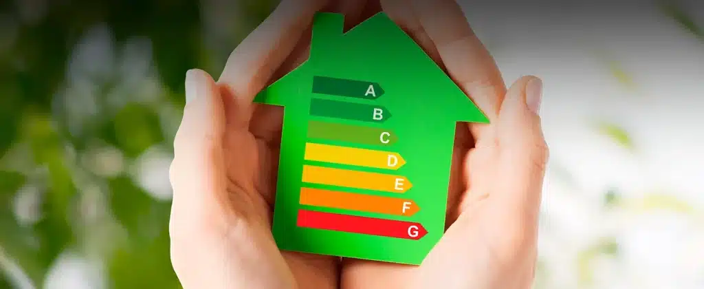 Imagem com duas mãos segurando a figura de uma casinha verde de papel com a escala de eficiência para artigo sobre Qual a importância da eficiência energética e seus exemplos