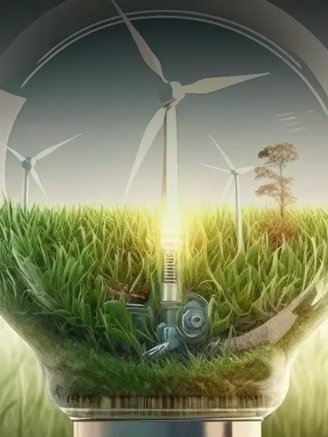 Lampada com grama e turbinas eólicas dentro e por fora um pouco de grama e trigo para artigo sobre Qual a principal vantagem em utilizar energia limpa no Brasil