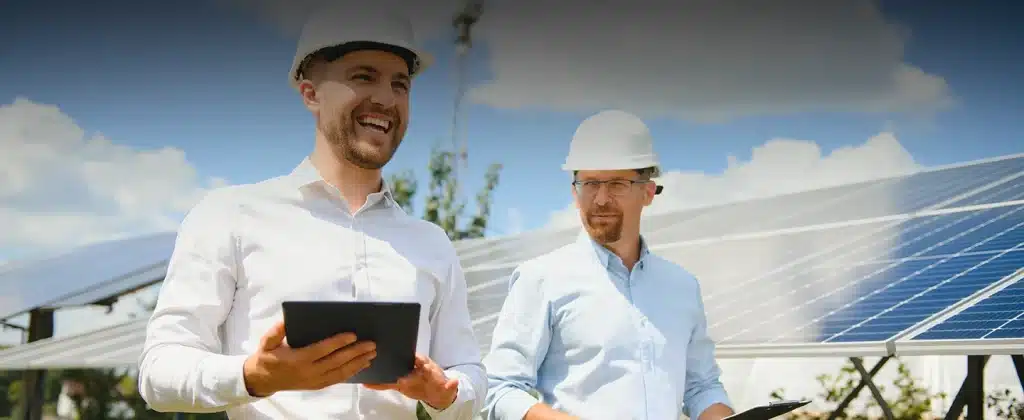 2 homens sorrindo com placa solar ao fundo sobre 7 Vantagens de investir em aluguel de energia solar