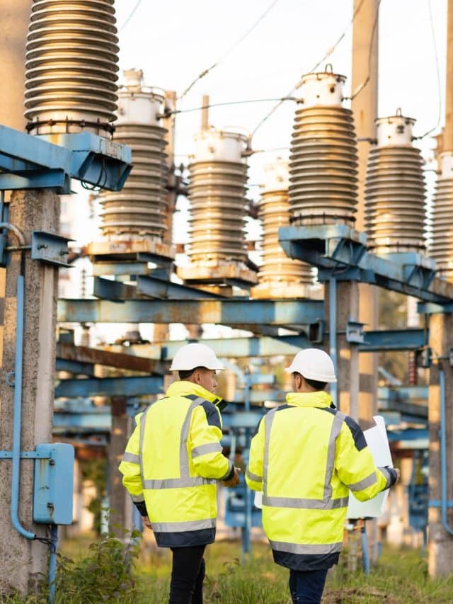 Engineers men in warm clothes use digital tablet computer discuss work walking against power electric substation