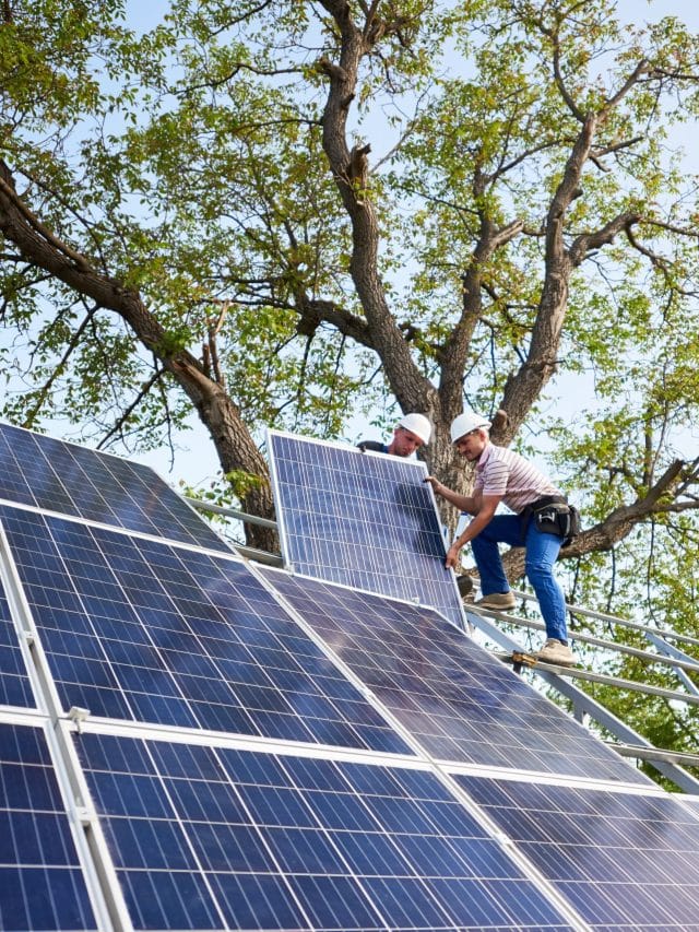 Stand-alone exterior solar panel system installation, renewable green energy generation concept.