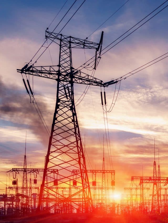 distribution electric substation with power lines and transformers.