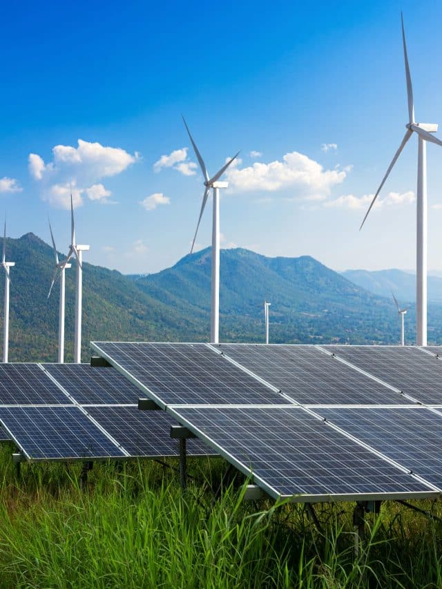 Photovoltaic modules solar power plant with wind turbines agains