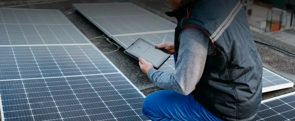 Homem avaliando painel solar para artigo Descubra qual o custo de instalação de energia solar