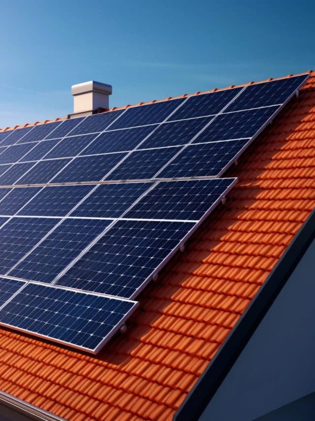 Solar panels on a tiled roof of the house. Generative AI