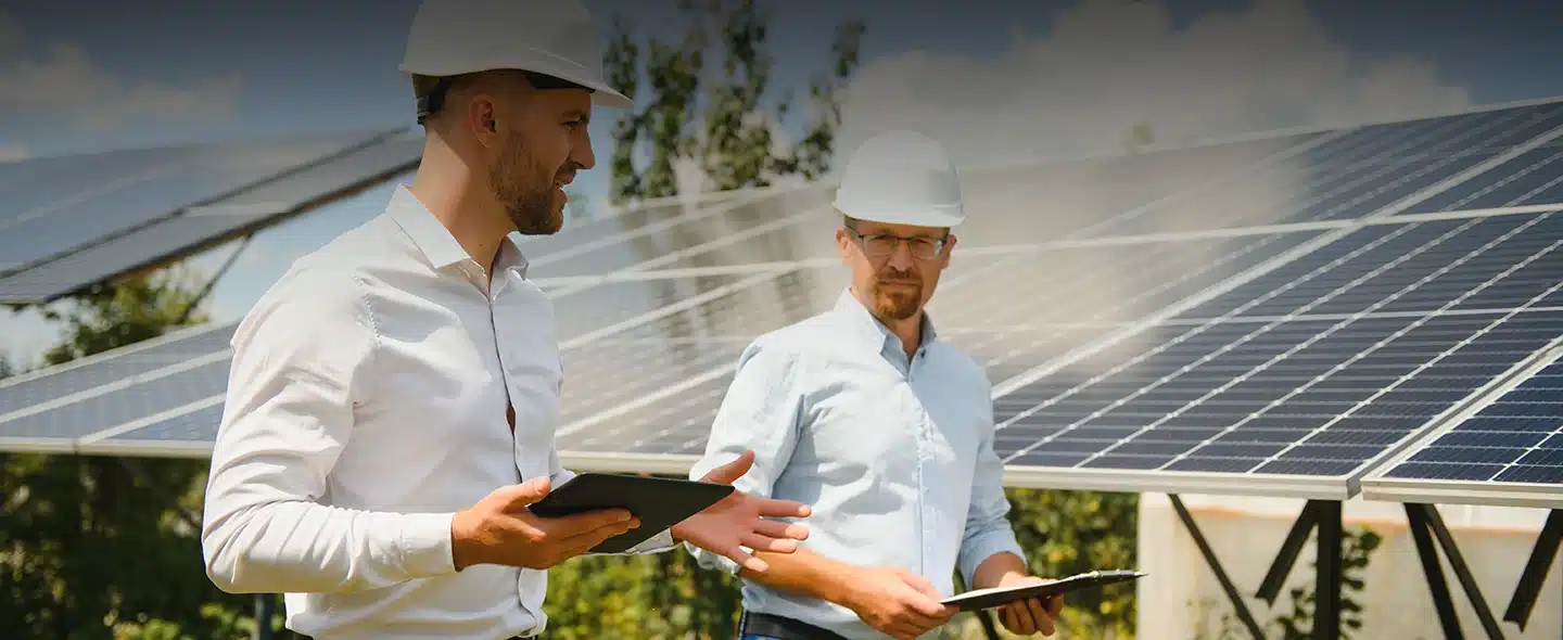 2 Homens e paneis solares ao fundo para Como arrendar usina solar e obter uma renda extra