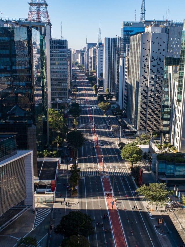 Aerial view of Av. Paulista in São Paulo, SP. Main avenue of the capital. Sunday day, without cars, with people walking on the street