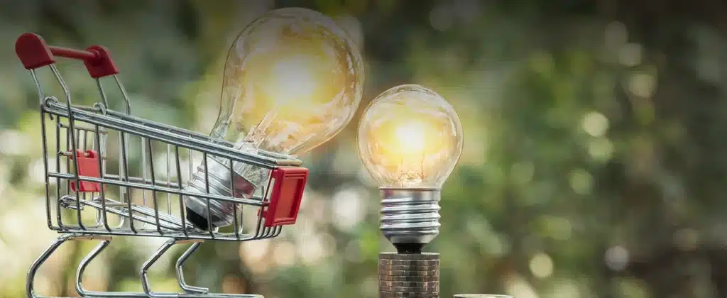 Duas lâmpadas acesas e um carrinho de compras para Os 5 mitos do mercado livre de energia elétrica