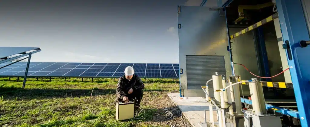 Homem próximo a painel solar e armazenamento O que é armazenamento de energia e como ele funciona?