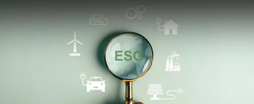 Lupa com sigla ESG e símbolos de sustentabilidade Como conseguir certificação ESG para sua empresa