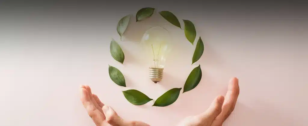 Círculo de folhas, lampada no meio e mãos abaixo para 5 inovações sustentáveis que ajudam o planeta