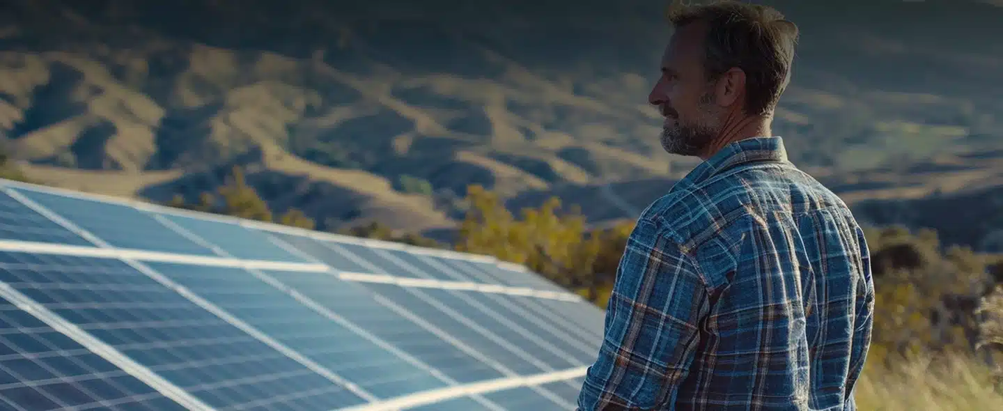 Homem admirando paisagem com painéis solares para 5 dicas para arrendar terra para energia solar