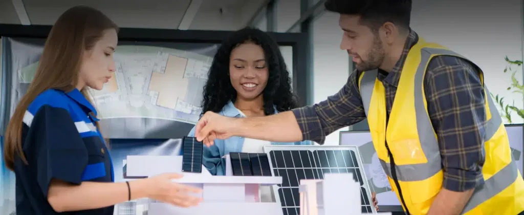 Técnicos analisando modelo de painel solar para Cooperativa solar: conheça as vantagens desse modelo