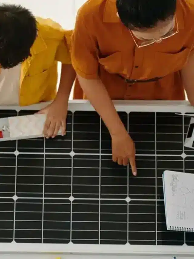 Profissional mostrando a outras pessoas um painel solar para cooperativa de energia solar