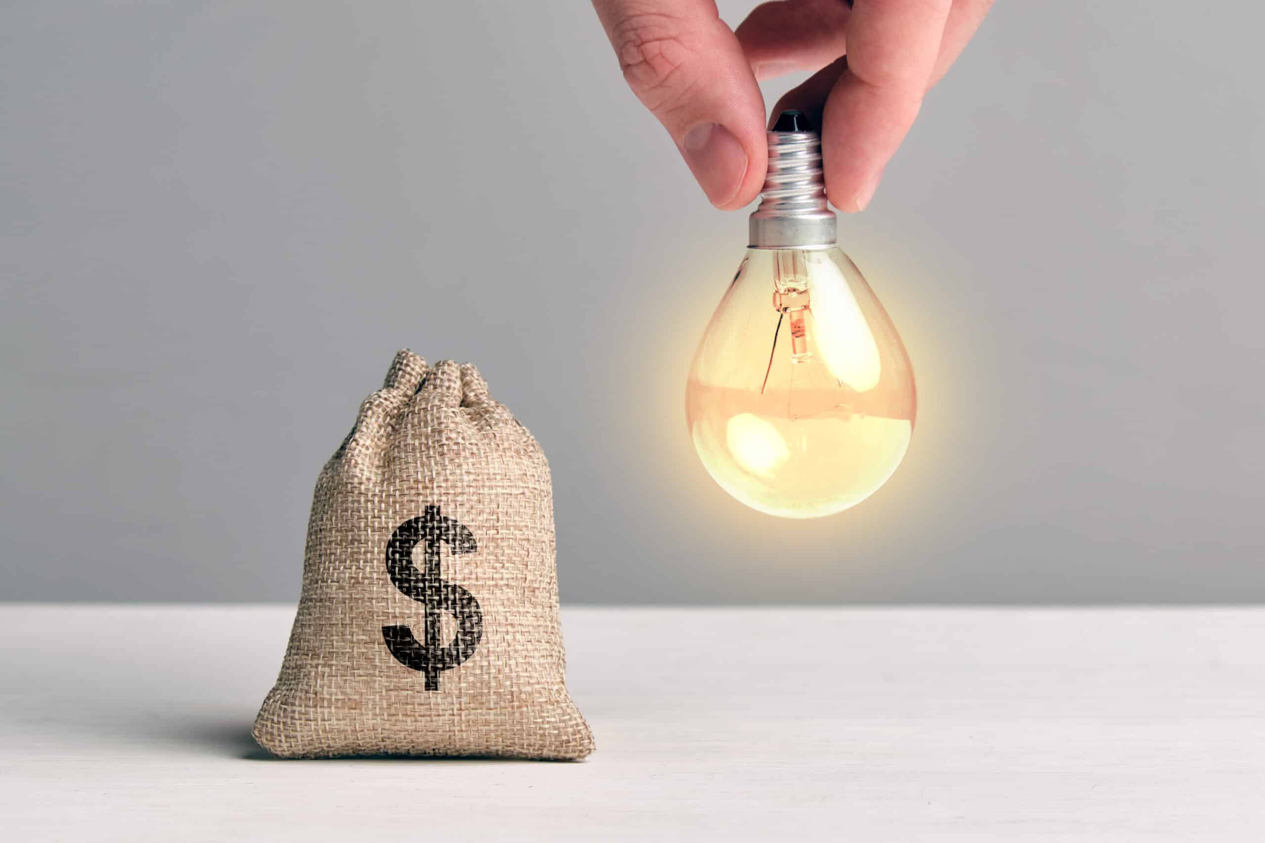 Representação de ganhar dinheiro com energia por assinatura com lâmpada acesa ao lado de um cofrinho com símbolo de dólar.