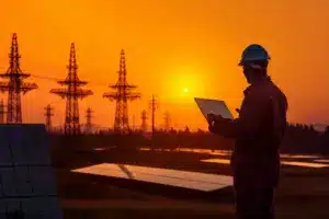 Engenheiro com laptop ao entardecer monitorando painéis fotovoltaicos e linhas de transmissão, representando a gestão de usinas solares com tecnologia e eficiência.