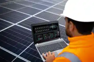 Engenheiro analisando dados em laptop sobre o desempenho de uma plataforma de gestão para usinas solares, em frente a painéis fotovoltaicos.