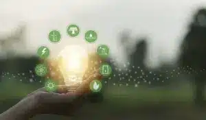 Mão segurando uma lâmpada iluminada com ícones de fontes limpas ao redor, representando o uso de energia renovável no setor alimentício para promover sustentabilidade, economia e inovação na produção de alimentos.