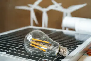 Painel solar com lâmpada de LED e turbinas eólicas ao fundo, representando fontes renováveis e as vantagens do mercado livre de energia para empresas que buscam economia e sustentabilidade.
