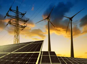 Cooperativas e comercializadoras de energia com integração de painéis solares, turbinas eólicas e rede elétrica ao pôr do sol.