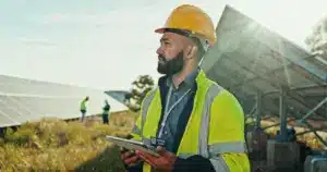 Engenheiro em campo com tablet supervisionando painéis solares, representando o gerenciamento de usinas fotovoltaicas.