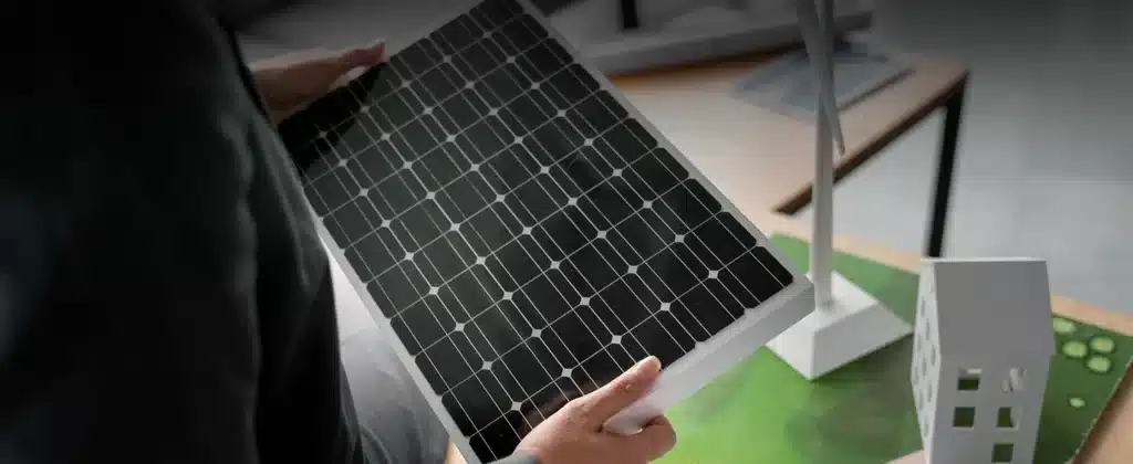 Profissional segurando painel solar em ambiente de trabalho, simbolizando a gestão de ativos para usinas solares e a busca por eficiência operacional.