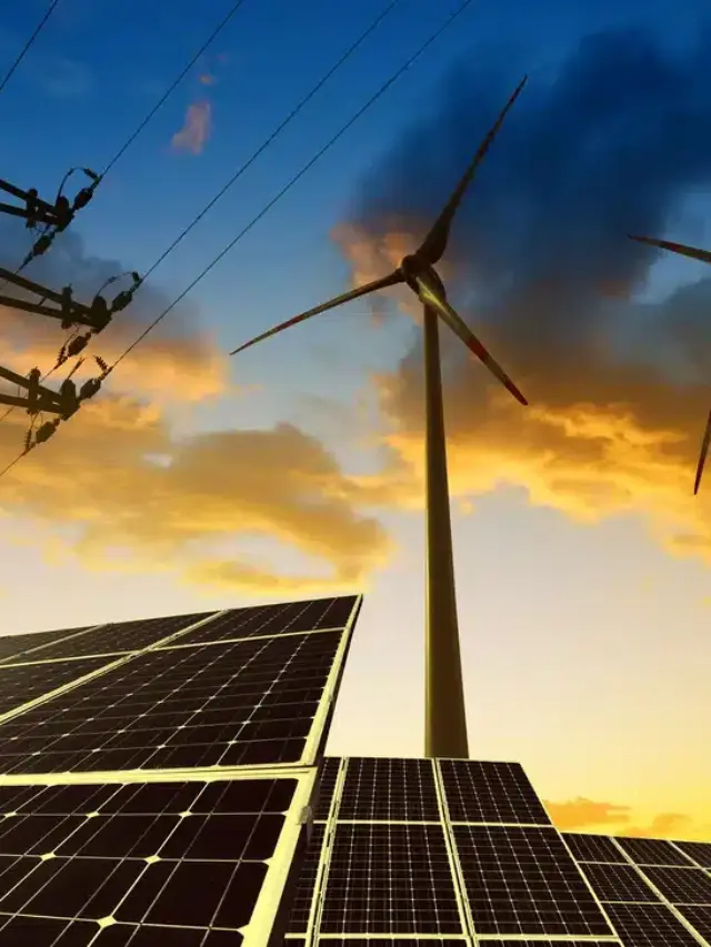 Cooperativas e comercializadoras de energia com integração de painéis solares, turbinas eólicas e rede elétrica ao pôr do sol.