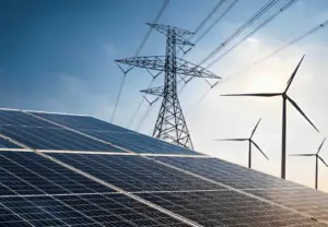 Painéis solares, turbinas eólicas e linhas de transmissão representando fontes renováveis no mercado livre de energia em 2025.