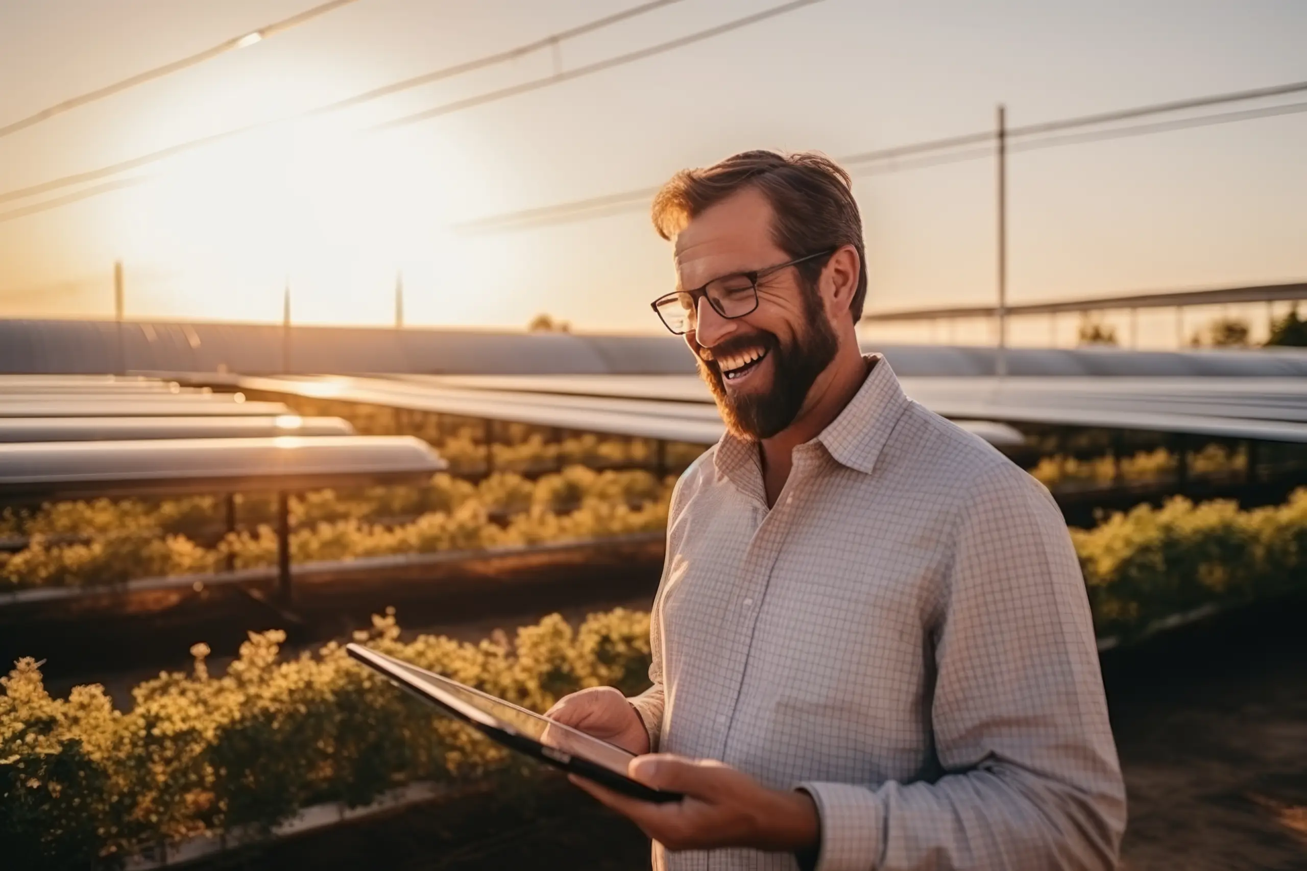 Homem sorridente fazendo anotações em frente a painéis solares, representando a importância do pós-venda em usinas solares para garantir satisfação e relacionamento com o cliente.