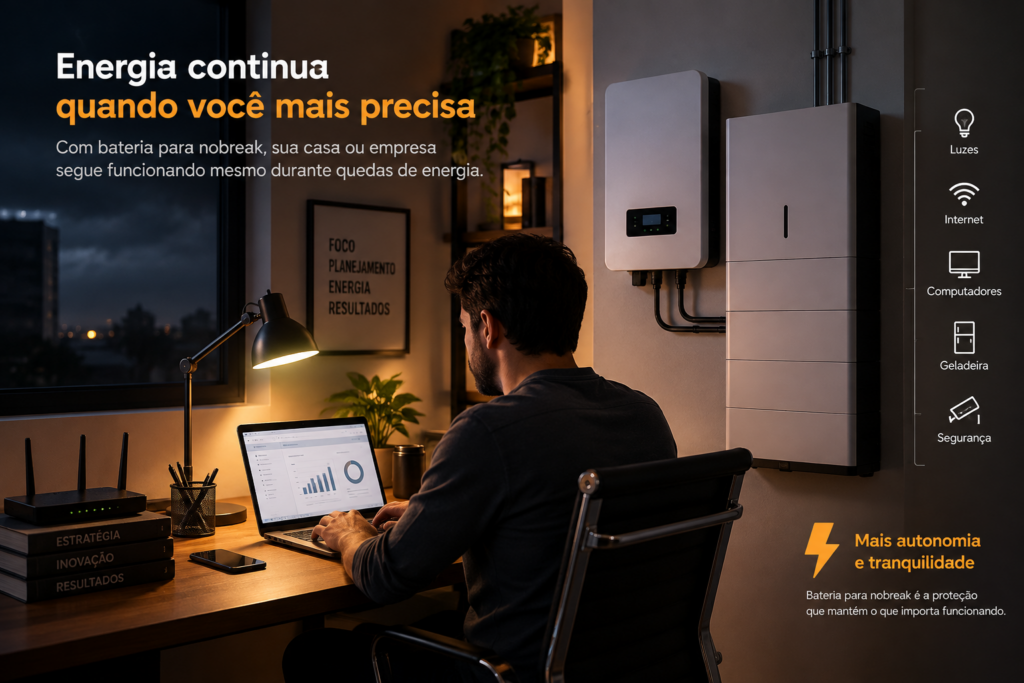Bateria para nobreak: como funciona e quanto tempo dura? 1 Bateria para nobreak com inversor mantendo home office, internet e iluminação funcionando durante uma queda de energia.