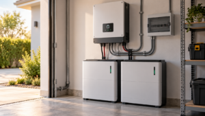 Bateria para nobreak com inversor instalada em ambiente residencial para backup de energia em quedas de luz.