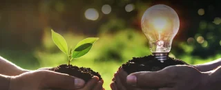 Mãos segurando terra e uma lampada para Como funciona uma cooperativa de energia solar?