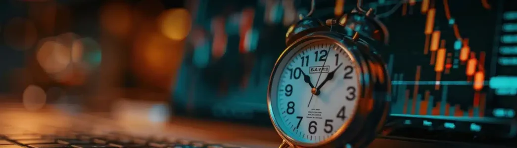 Um relógio num portátil com dados do mercado de ações e preço spot