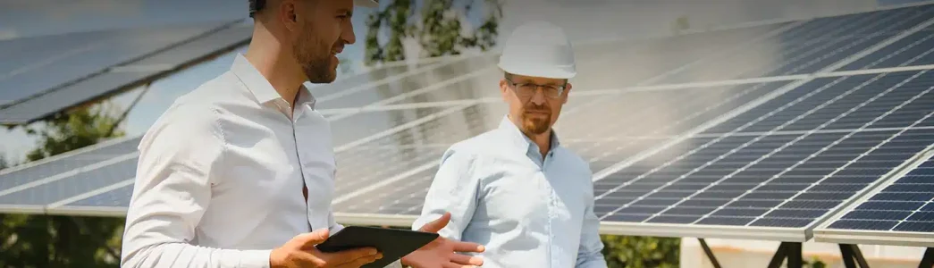 2 Homens e paneis solares ao fundo para Como arrendar usina solar e obter uma renda extra