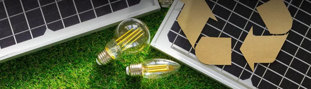 Painéis solares, lâmpada e símbolo de reciclagem para Como fazer a reciclagem de painéis solares