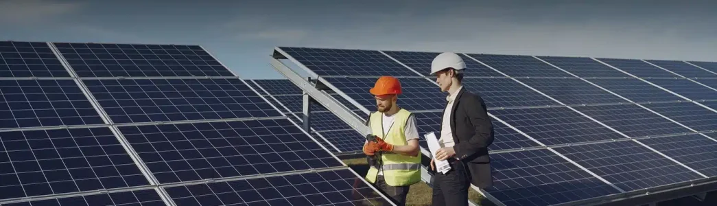 Técnicos avaliando painel solar para artigo Como funciona a energia solar compartilhada?