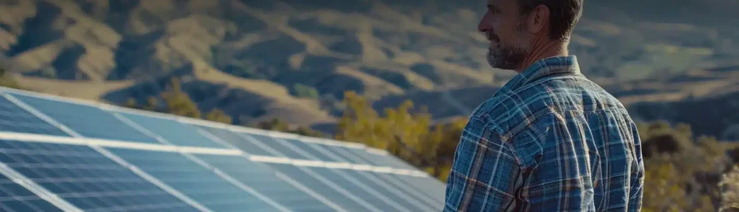 Homem admirando paisagem com painéis solares para 5 dicas para arrendar terra para energia solar