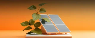 Painel solar e folhas no fundo laranja para A diferença entre mini e microgeração de energia solar