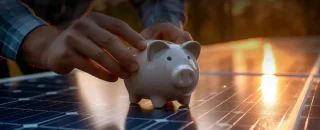 Mão segurando um piggy bank em painel solar para artigo sobre compensação de créditos energia solar